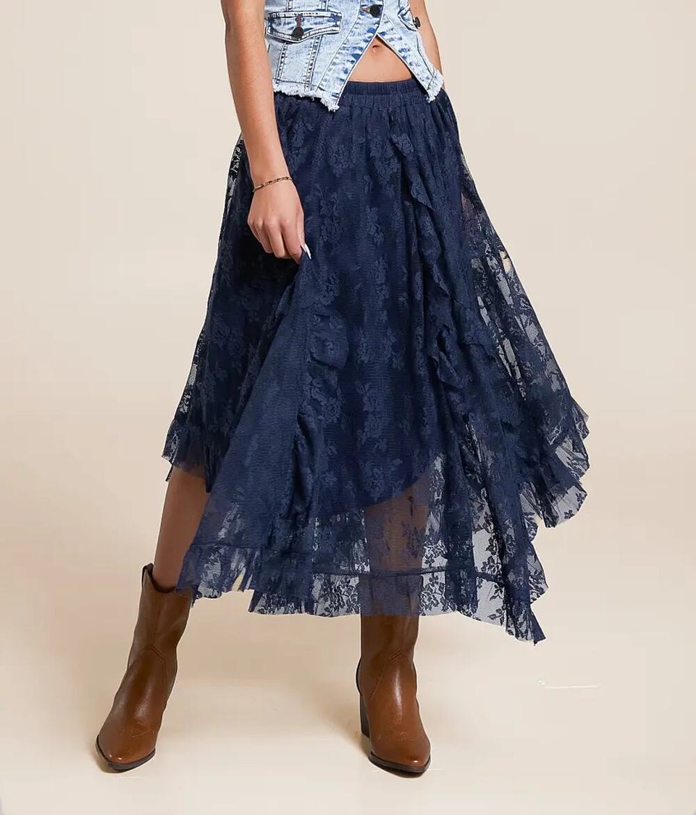 BaeVely Blue Floral Lace Asymmetric Skirt Large Pull On Whimsigoth Dark Cottage